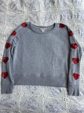 Victoria's Secret Gray Crewneck Sweater with Red Sequin Hearts